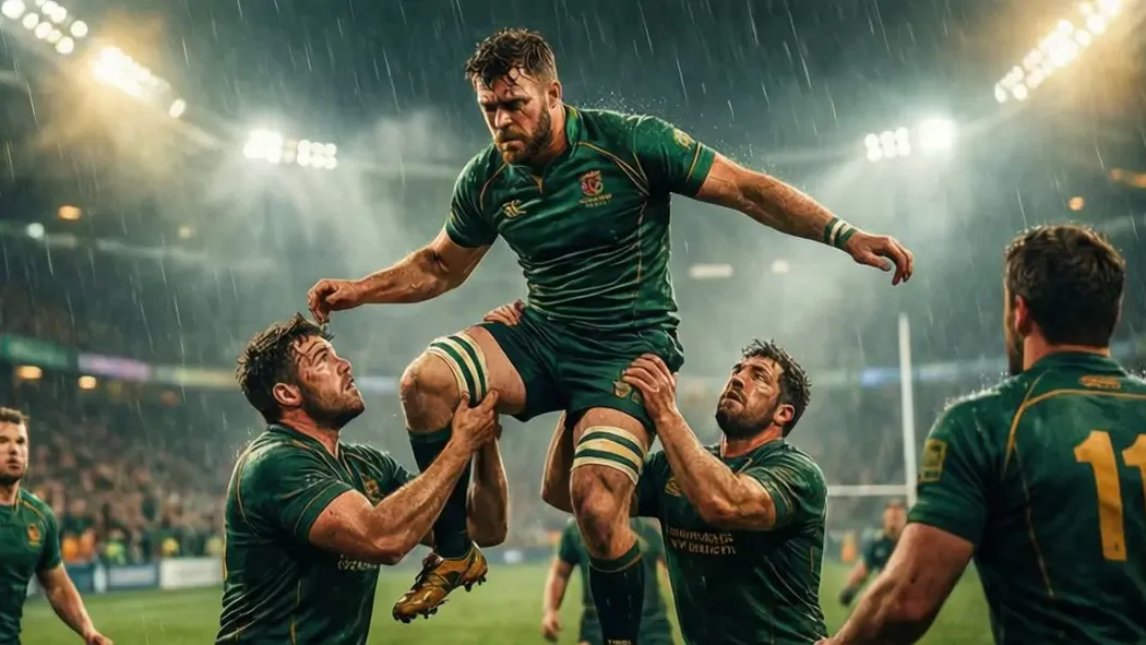Rugby Union match action with players in lineout formation under stadium floodlights