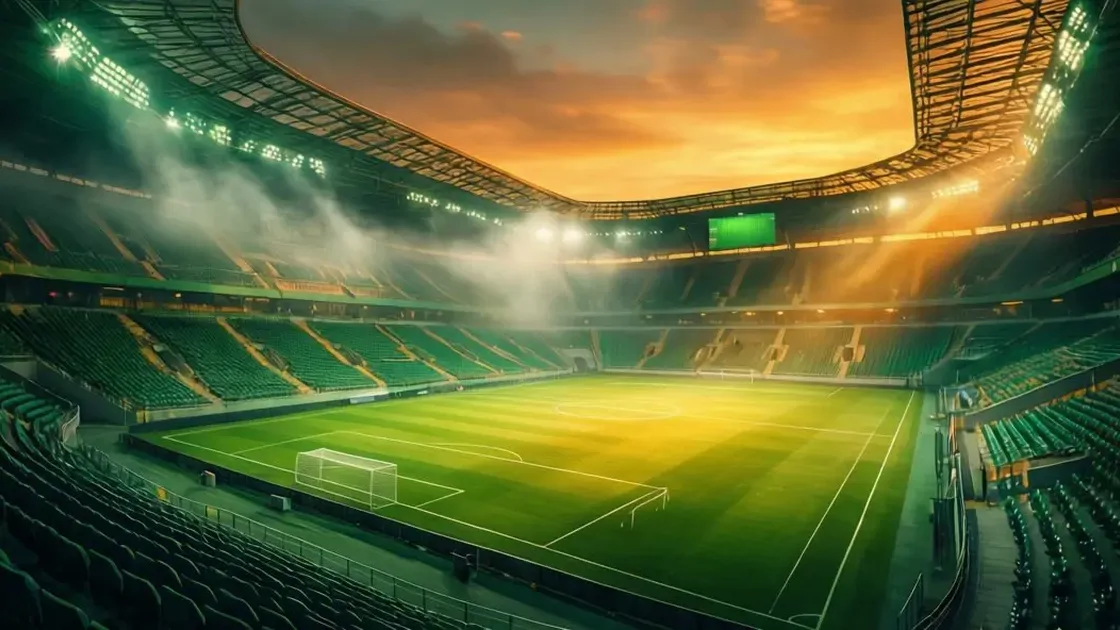 Conference League stadium at twilight with dramatic lighting in emerald and gold tones