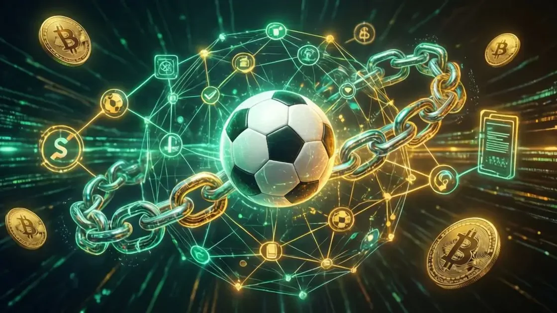 Blockchain sports betting network illustration showing interconnected nodes and smart contracts
