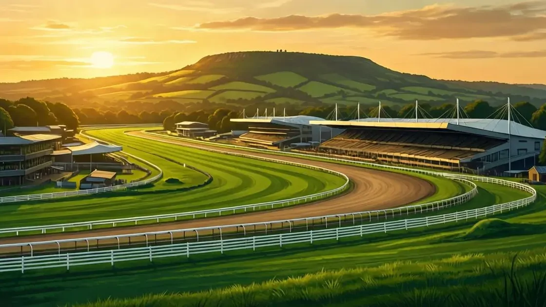 Cheltenham Racecourse panoramic view with Cleeve Hill backdrop at golden hour