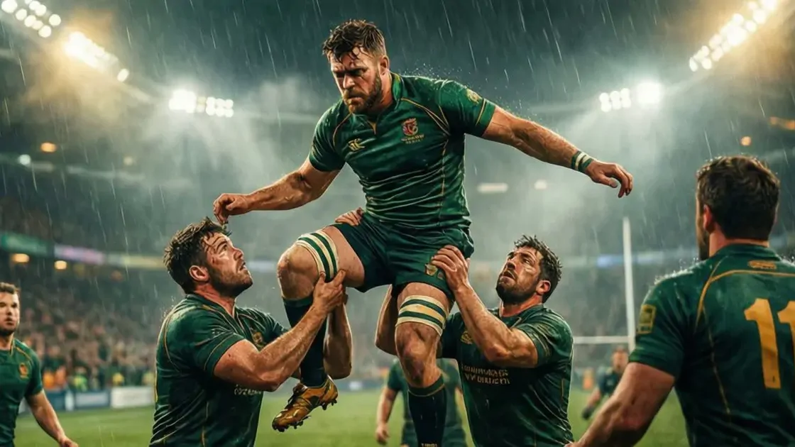 Rugby Union match action with players in lineout formation under stadium floodlights