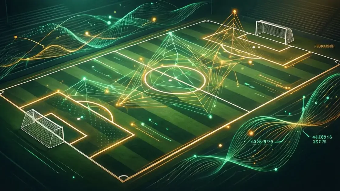 Abstract football pitch with analytics data visualization showing VAEP probability flows in emerald green and golden amber colors