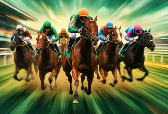 Corsa di cavalli all'Ascot con jockey in abbinatura verde smeraldo e oro