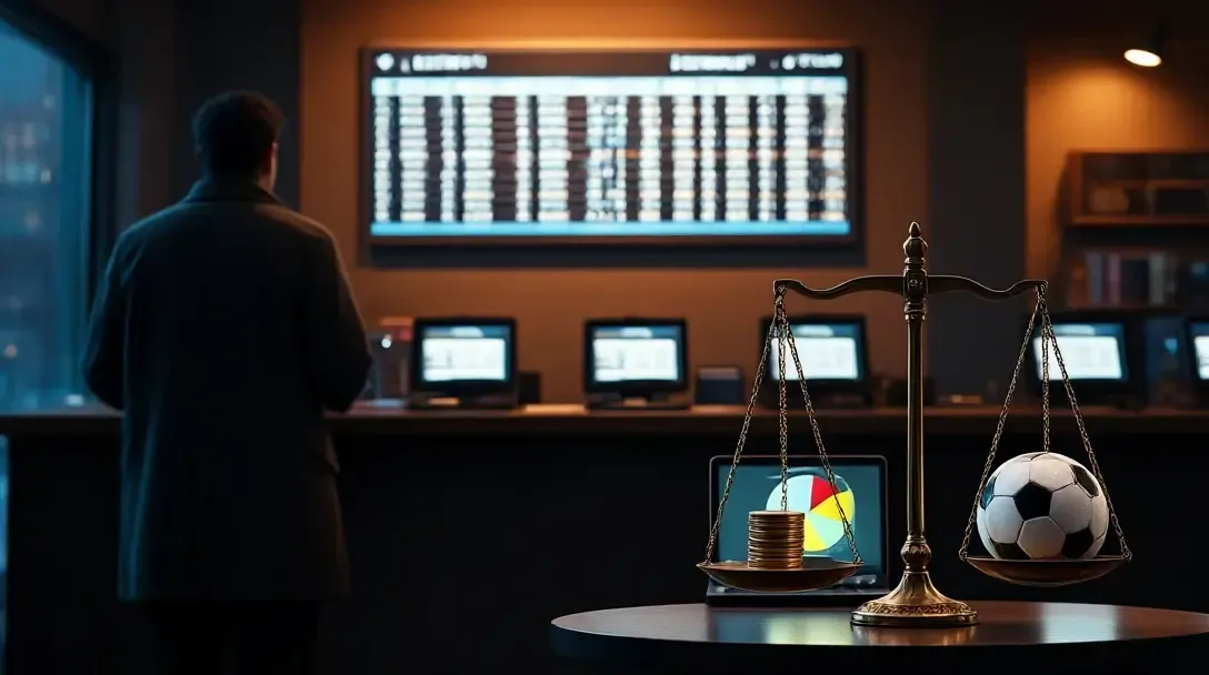Cliente visto di spalle in un bookmaker britannico, con un grafico sul laptop e una bilancia che pesa un pallone contro delle monete