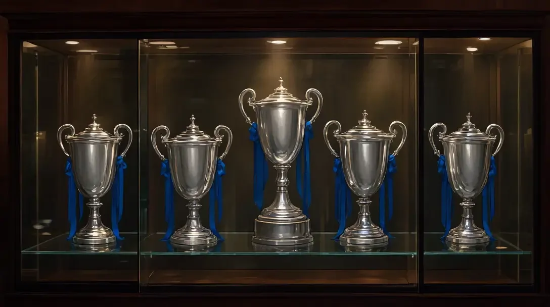 Vitrine de vidro com taças simples de prata e laços azuis em um museu silencioso de clube