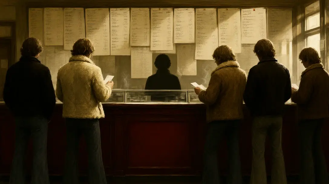 A 1970s British betting shop with punters seen from behind studying handwritten price boards and holding paper betting slips