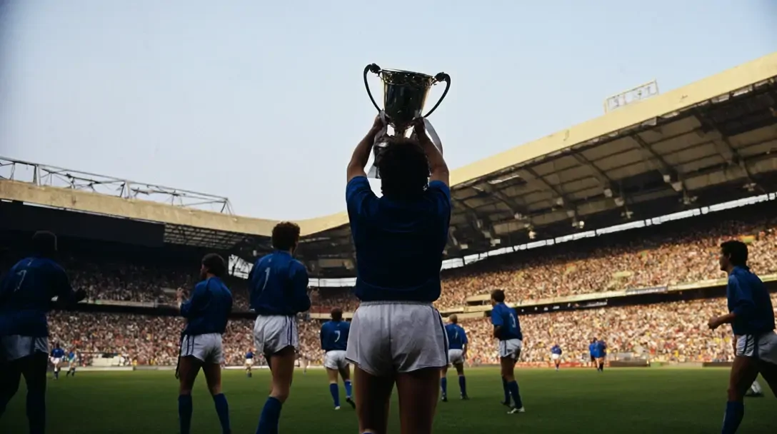 Jogadores do Everton de camisa azul royal e calção branco vistos de costas, um erguendo uma taça de duas alças em um estádio lotado