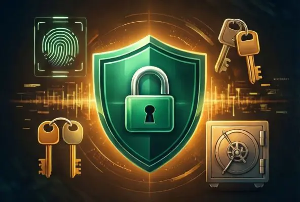 Kripto para cüzdanı güvenlik illüstrasyonu; kalkan, kilit, biometrik tarayıcı ve koruyucu unsurlar