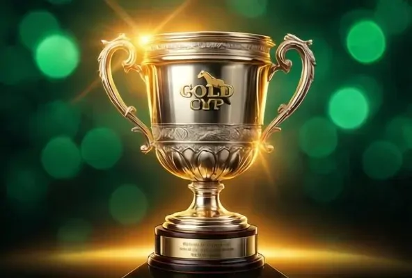 Trofeo della Gold Cup all'Ascot Royal con luce dorata e sfondo verde smeraldo