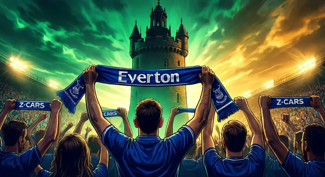 Torcedores do Everton - apaixonados com lenços azul-rei