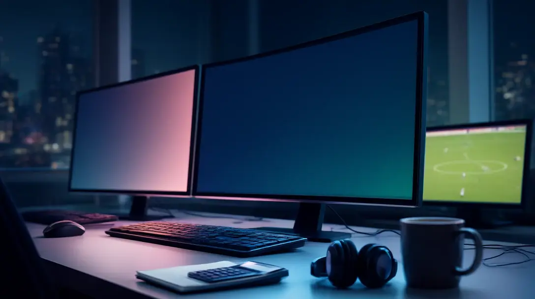 A home trading desk at night with two glowing monitors angled away, a calculator, headphones and a coffee mug