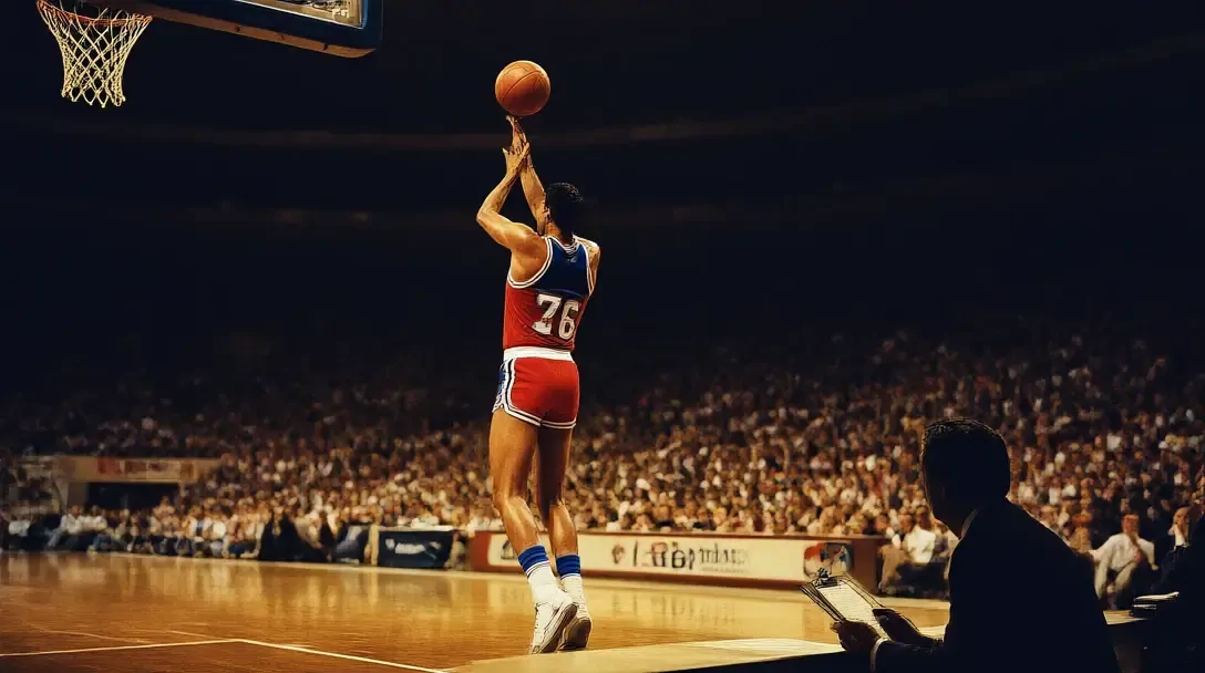 Giocatore dei Philadelphia 76ers negli anni '80 al tiro libero, visto da dietro in un palazzetto gremito di pubblico