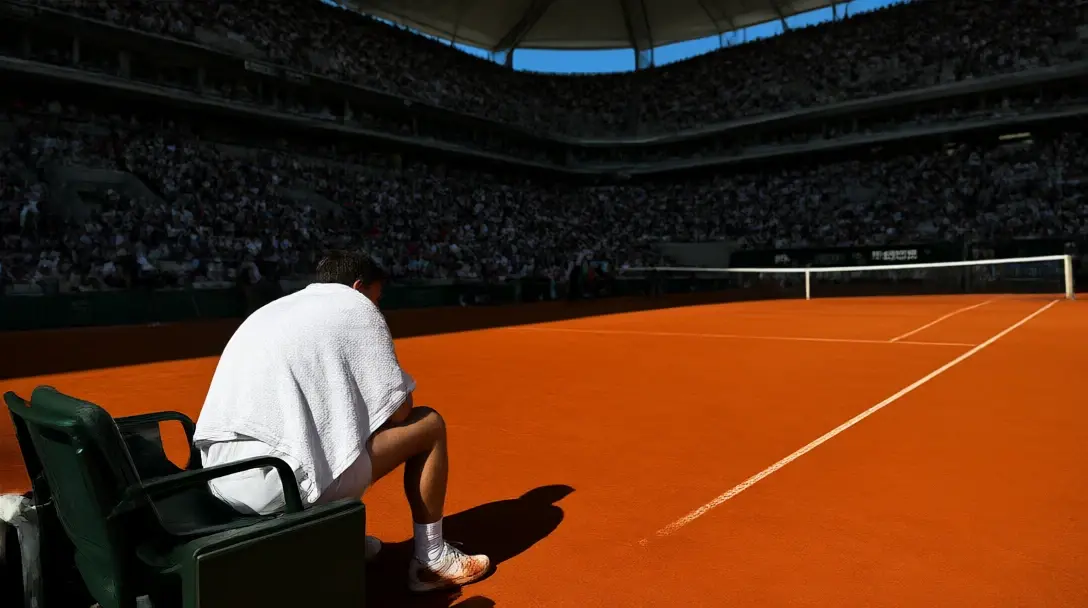 Jugador visto por detrás en la silla de cambio durante un quinto set decisivo en Roland Garros