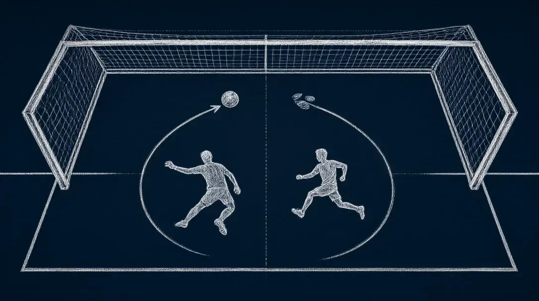 Diagramma in stile gessato di un rigore con la porta divisa in due metà, un portiere in tuffo e la corsa dell'esecutore