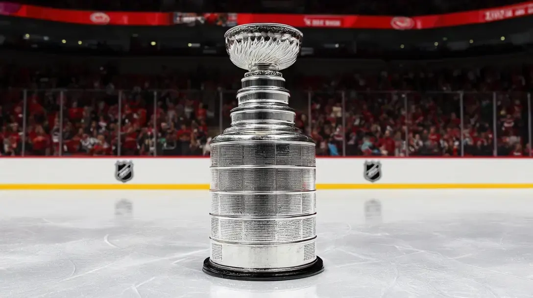 La Stanley Cup sul ghiaccio davanti ai cartelloni della NHL, con un pubblico rosso sfocato sugli spalti