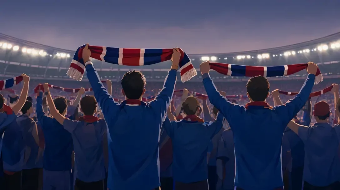 Anonyme Fans in Blau und Garnet halten ihre Schals hoch in einer voll besetzten Tribüne bei Dämmerung