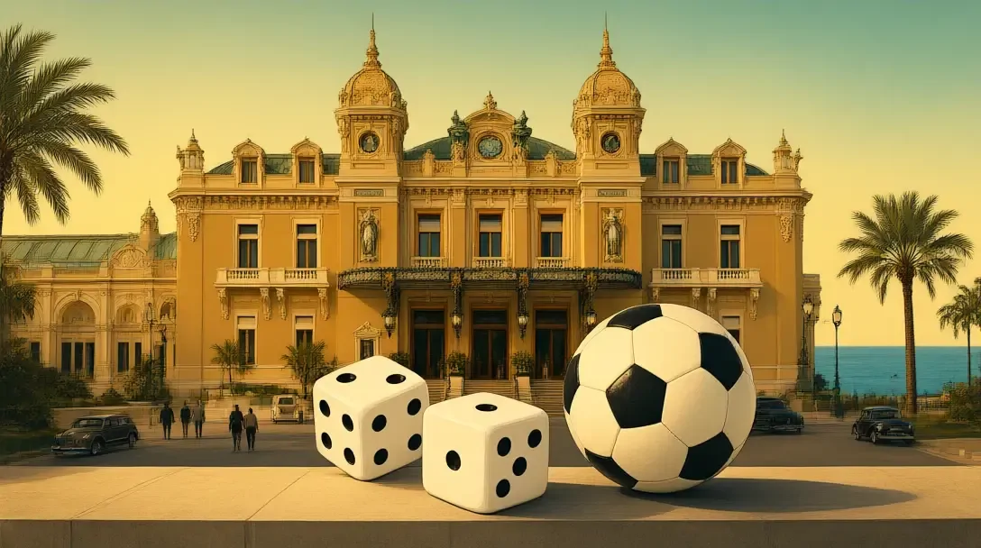 Vista in stile poster vintage del Casino di Monte Carlo a Monaco, con un paio di dadi giganti e un pallone da calcio sul gradino