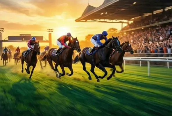 Exciting horse racing scene with horses racing toward the finish line