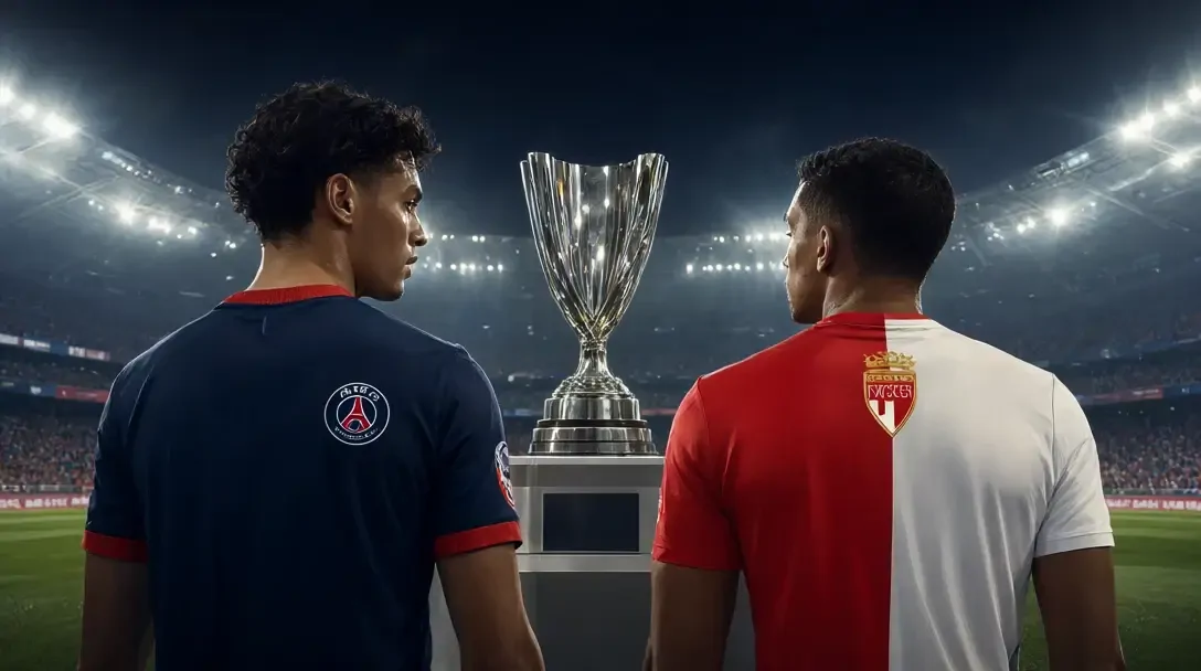 A PSG player in navy and a Monaco player in red and white, seen from behind, flank a silver trophy on a plinth in a floodlit stadium.