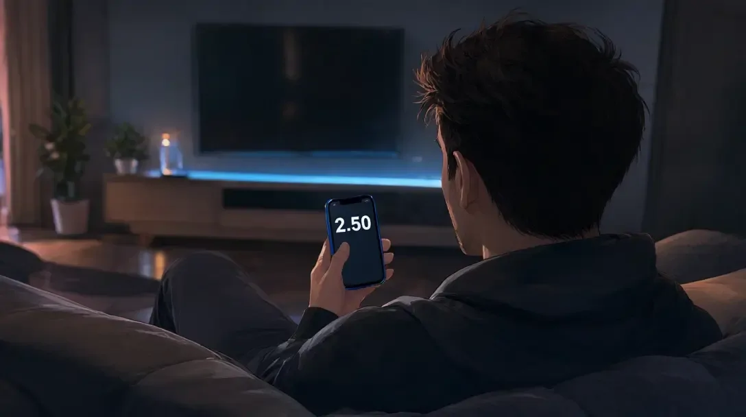 Parieur sur un canapé consultant un téléphone affichant le prix de 2,50, avec une télévision allumée en arrière-plan