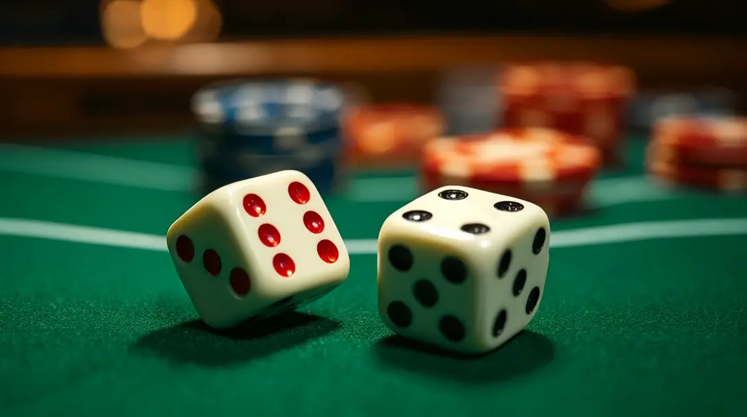 Primer plano de una mesa de craps con dos dados mostrando siete y fichas desenfocadas