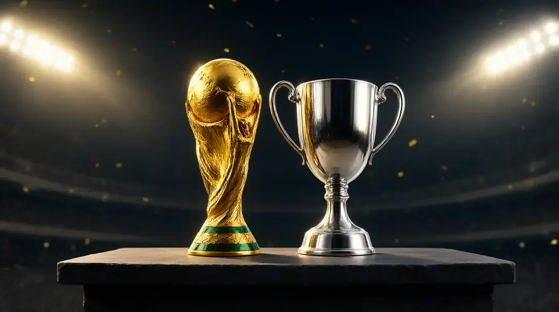 A gold World Cup trophy and a silver cup side by side on a stone table under stadium floodlights with gold confetti