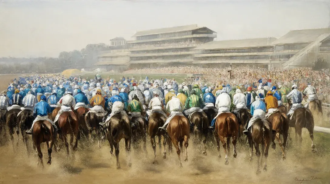 Campos pintados de jockeys con sedas azules, blancas, verdes y doradas galopando alejados del espectador hacia la tribuna