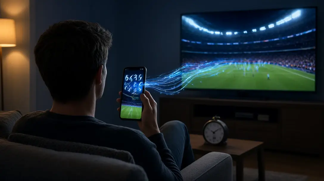 Punter on a sofa with a phone full of live odds while a football match plays on a slightly delayed TV