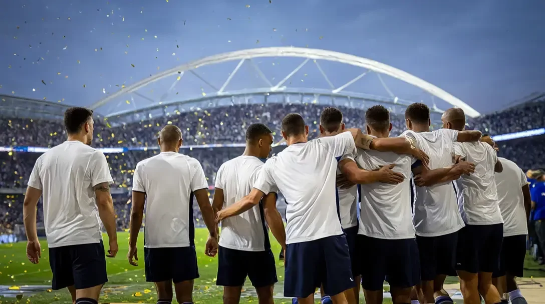 Joueurs en maillot blanc et short marine, vus de dos, bras dessus bras dessous sous l'arche de Wembley pendant que des confettis dorés tombent