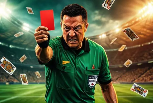 Referee showing red card in intense derby match