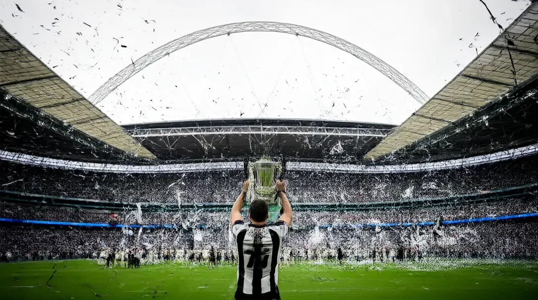 Newcastle-Fans und -Spieler feiern im Wembley mit dem Carabao Cup, während schwarz-weißes Konfetti niedergeht