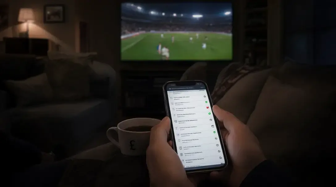 Wettkampfhelfer auf einem Sofa bei Nacht mit einem Telefon, das einen Wettschein zeigt, während im Hintergrund ein Fußballspiel auf dem TV leuchtet.