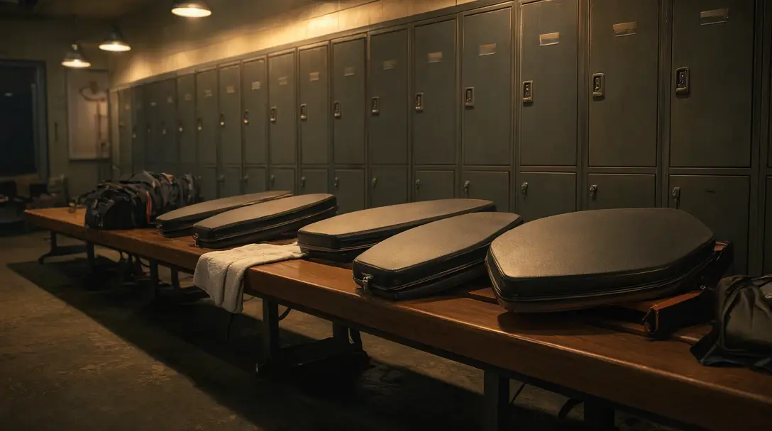 Backstage room with dart cases and travel bags on a wooden bench in front of empty lockers.