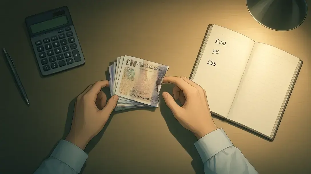 Flat-lay of £10 and £20 notes with a slice set aside beside a calculator and a notebook showing £100, 5% and £95
