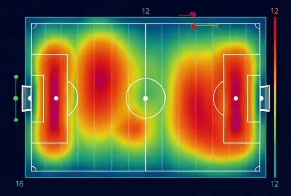 Fußballfeld in Gitterzonen mit Bedrohungsgraden, farbcodiert von Blau (geringe Bedrohung) bis Rot (hohe Bedrohung)