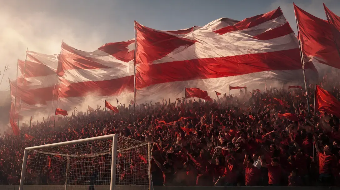 Silhouettierte Fans auf einer rot-weißen Stehtribüne, die Fahnen schwenken, unter einem riesigen Tifo