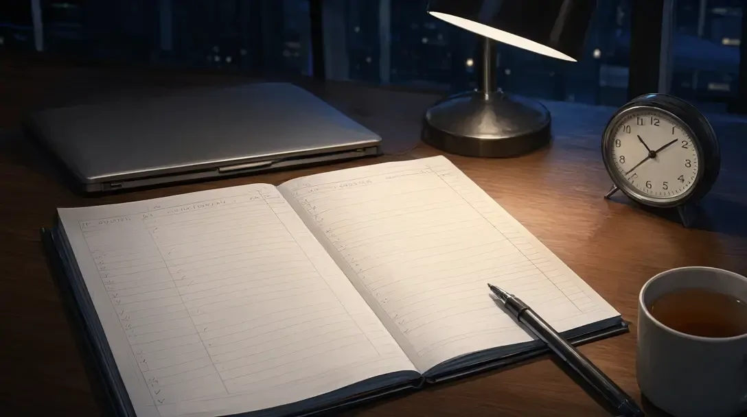 Offenes Wettjournal auf einem Schreibtisch neben einem geschlossenen Laptop und einer Uhr, die späte Abendzeit anzeigt.