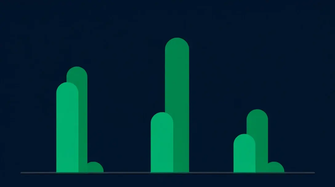 Abstract bar chart with three groups of emerald bars of varying heights on dark navy