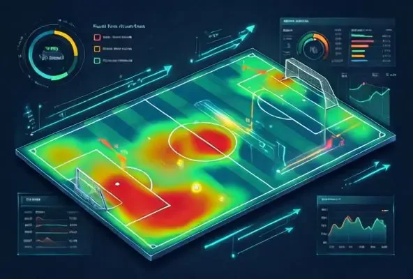Taktik-Analyse-Dashboard mit Team-Heatmap-Profilen, die Gefahrenzonen und Schwachstellen in der Abwehr des Gegners auf dem Fußballplatz zeigt