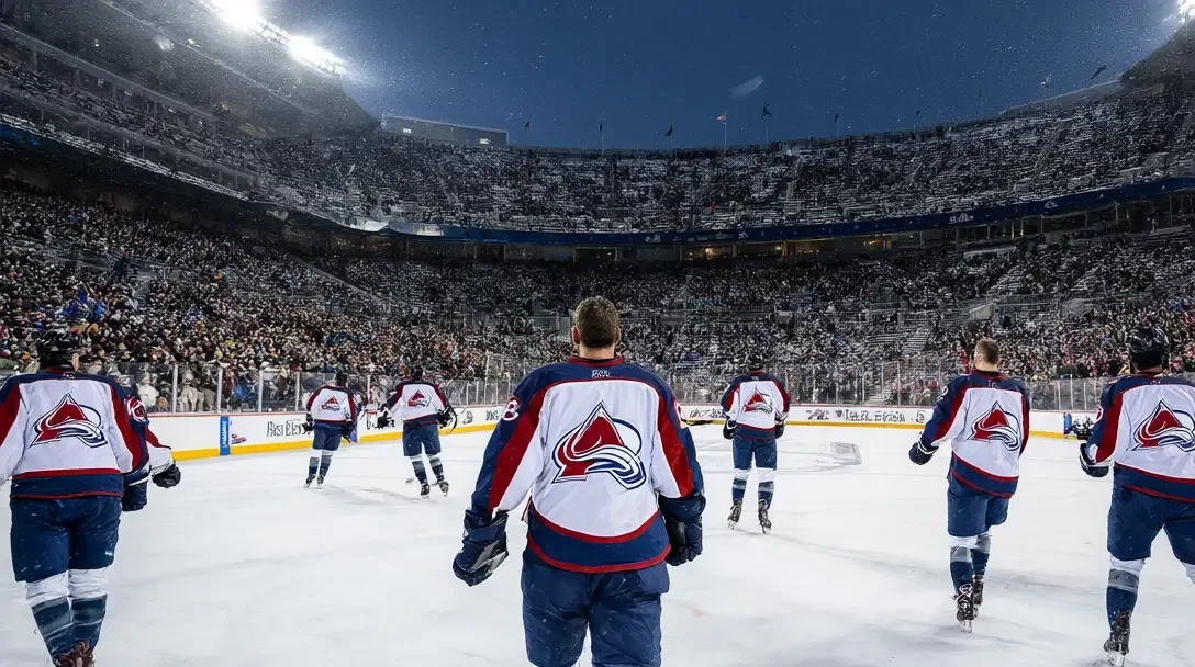 Giocatori dei Colorado Avalanche in divise bianche visti di spalle su un campo da hockey all'aperto innevato all'interno di uno stadio pieno sotto i riflettori