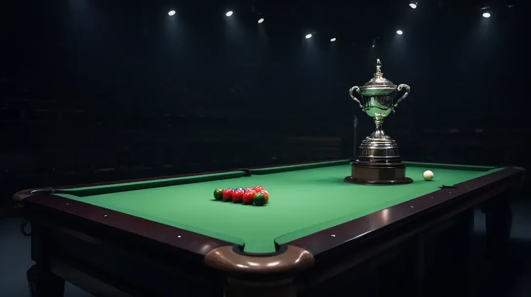 Trophée argenté à deux anses posé sur un socle sur une table de snooker verte avec les billes rouges et les couleurs alignées dans un auditorium faiblement éclairé