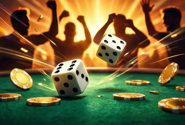 Escena estilizada de un casino con jugadores celebrando mientras los dados caen sobre una mesa de craps