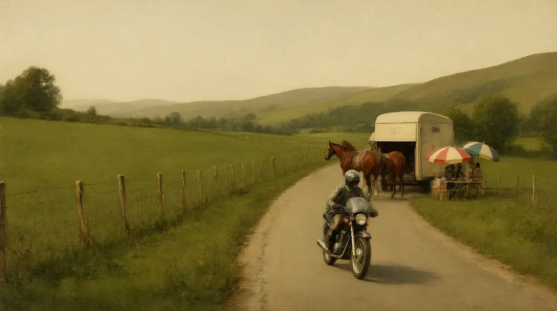 Vintage-Szene des kleinen Cartmel-Rennplatzes mit einem späten Motorradkurier und einem Pferdeanhänger am Straßenrand