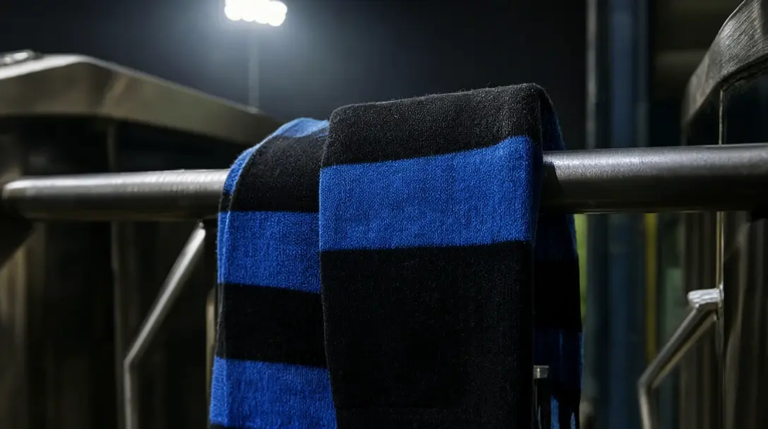 Bufanda de rayas negras y azules doblada sobre el riel de un torniquete metálico en la puerta de un estadio de noche
