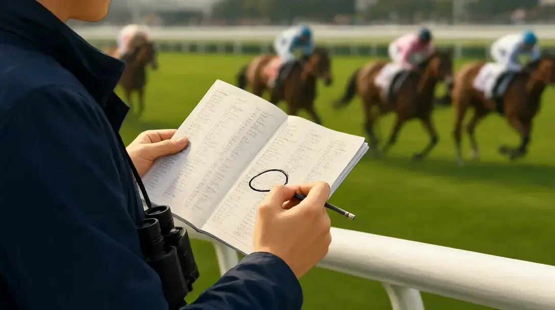 Las manos de un apostador circundan un caballo en una ficha de carreras impresa con un lápiz mientras los caballos pasan al galope en la pista de fondo