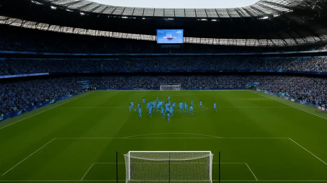 Jugadores del Manchester City con la camiseta celeste celebrando en el césped del Etihad, vista desde lo alto detrás de la portería