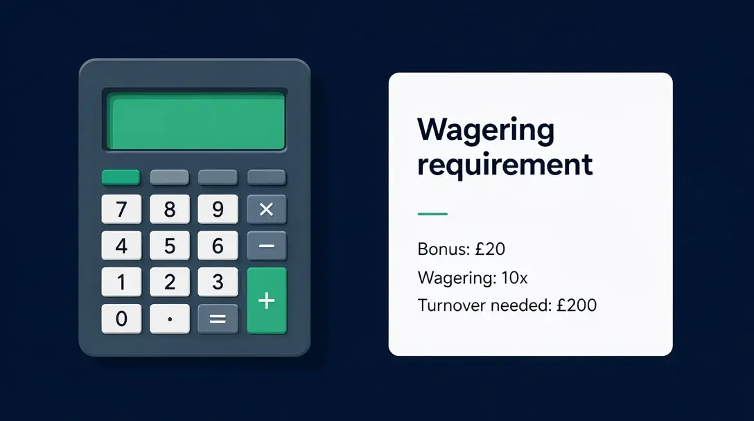 Calculator beside a card showing a £20 bonus with 10x wagering needing £200 turnover