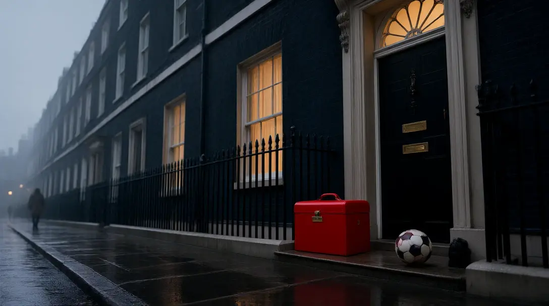 A red Budget box and a football on the steps of a Georgian townhouse in Downing Street on a wet evening