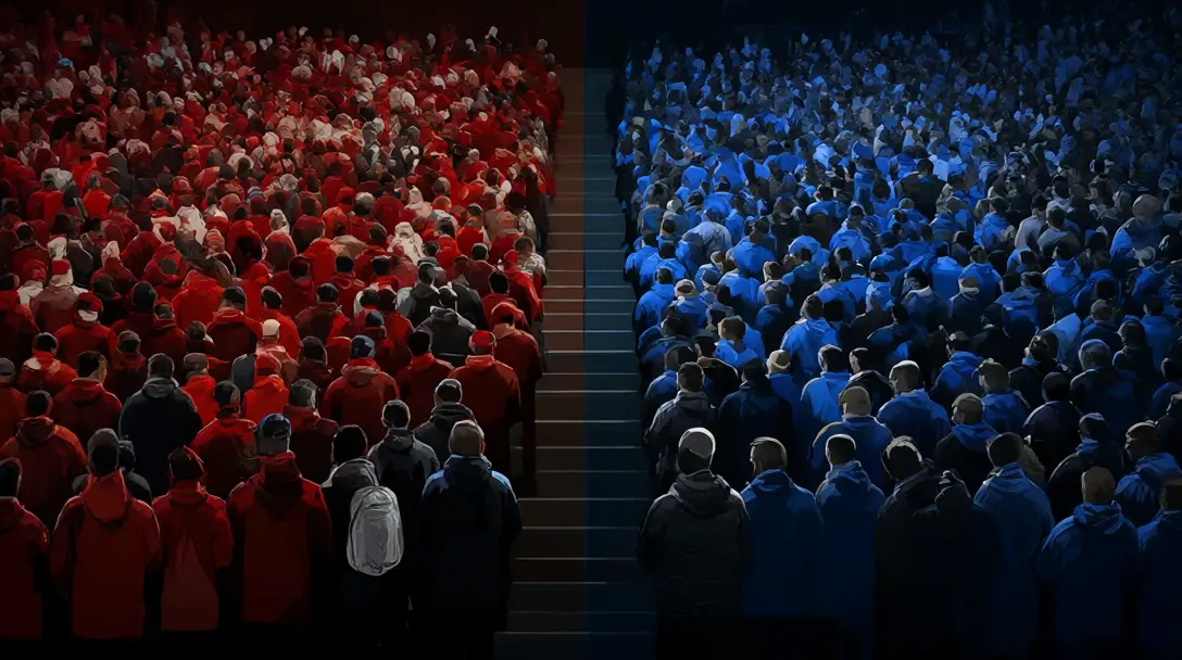Tribuna dividida con aficionados vestidos de rojo y negro en un lado y de azul y negro en el otro