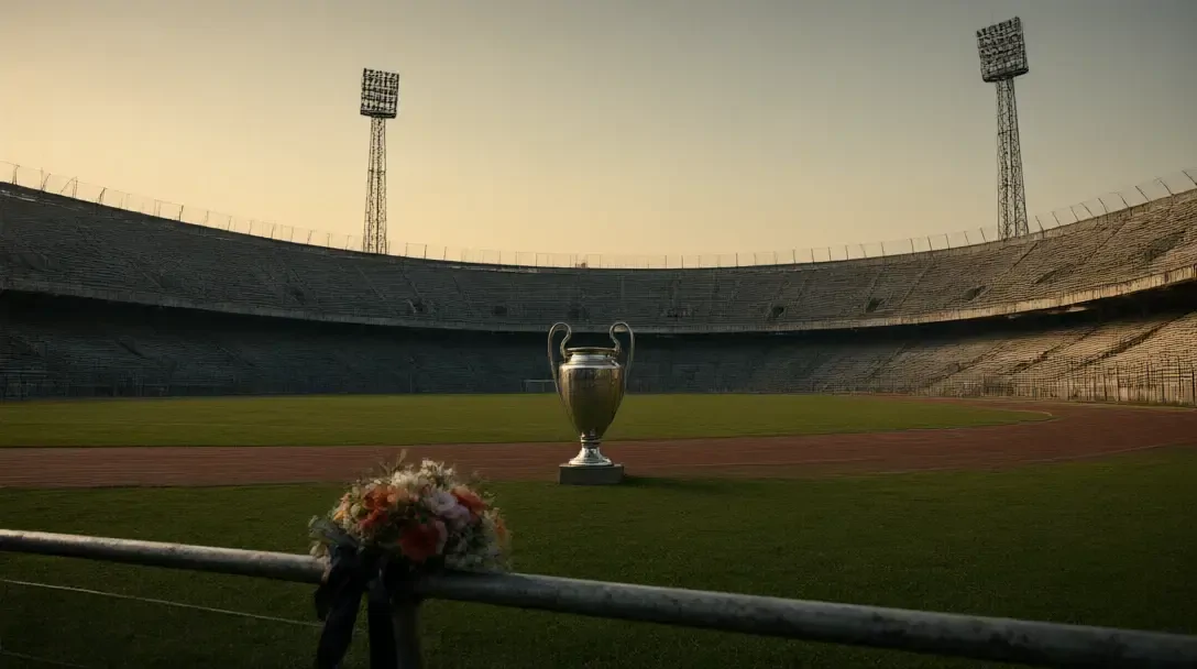 Terrazas abiertas y vacías de hormigón del antiguo estadio Heysel al atardecer, con una pista de atletismo, la Copa de Europa y flores en una barandilla